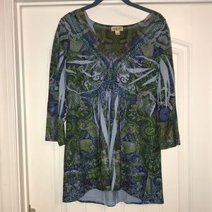 Blue and green paisley patterned blouse